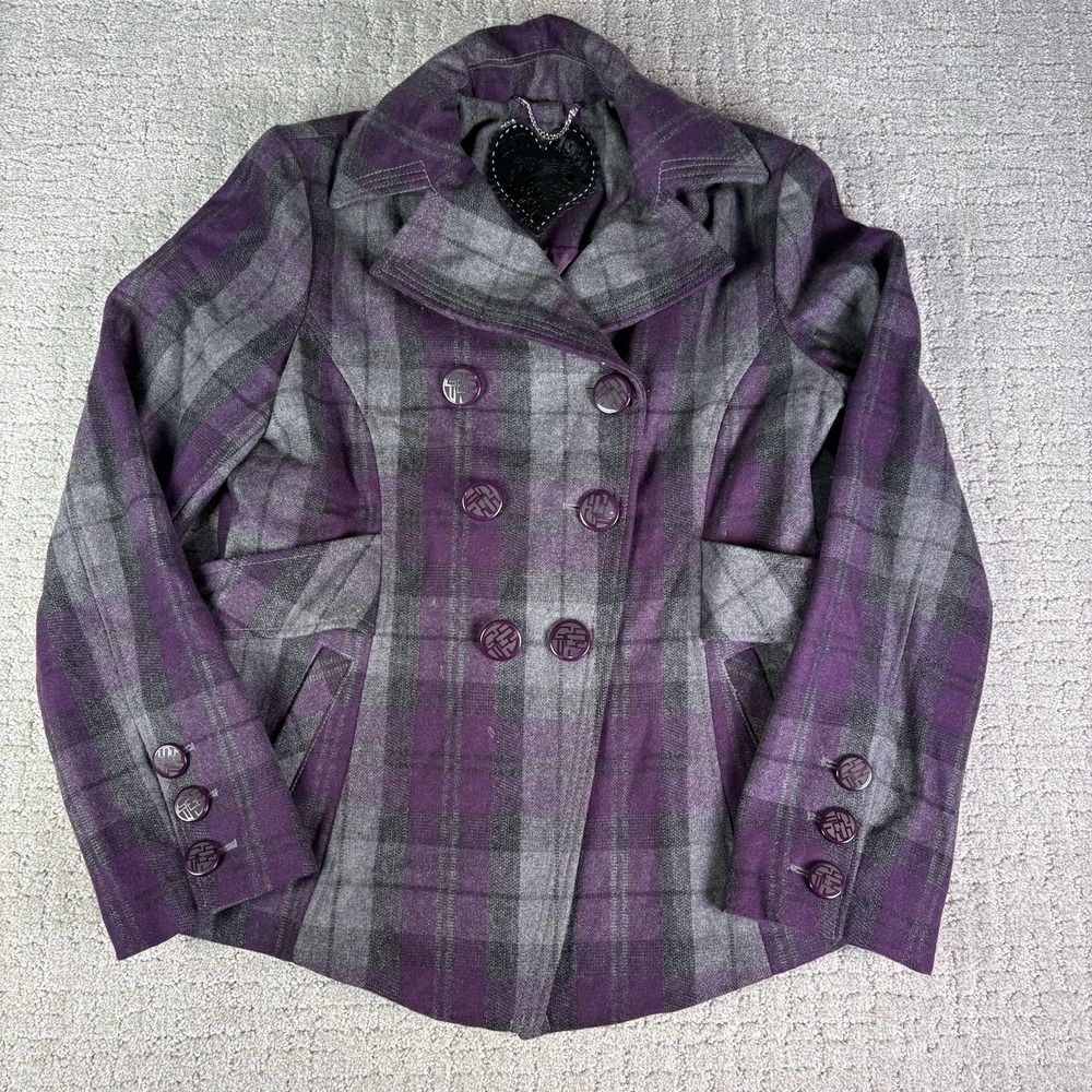 Guess Wool Blend Purple Plaid Double Breasted Button Closure Pea Coat Women Sz L